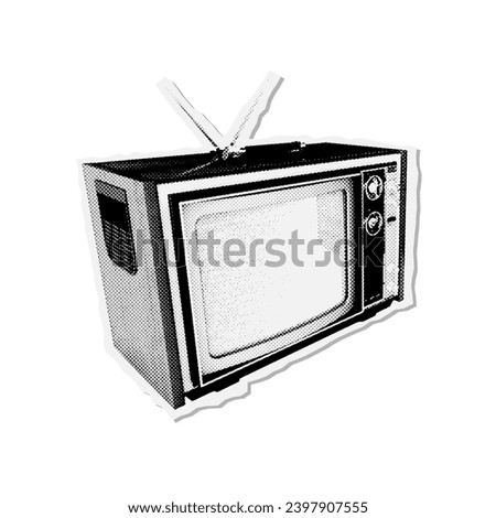 Retro TV with antennae in halftone dotted vintage style. Torn out collage design element. Vector illustration.