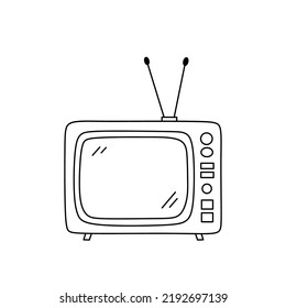 Televisión retro con antenas aisladas en fondo blanco. Ilustración de vectores dibujada a mano en estilo doodle. Perfecto para decoraciones, tarjetas, logotipo y varios diseños.