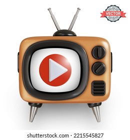 Retro TV with big red play button on the screen. Realistic 3d vector icon isolated on a white background