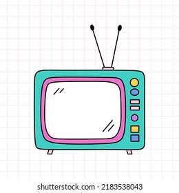 Televisión retro en colores vivos. Ilustración de doodle dibujada a mano por vectores aislados en fondo blanco. Perfecto para tarjetas, decoraciones, logotipo y varios diseños. Nostalgia, estilo de los años 90