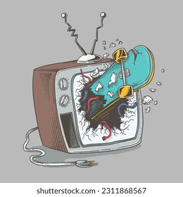 Retro TV with broken screen. Hand drawn vector illustration in sketch style