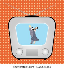 Retro TV with dancing couple on a retro comic background. Illustration
