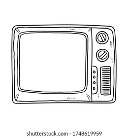 Retro TV doodle image. Cute vintage television black outline logo. Sketch lineart. Media highlights graphic vector symbol isolated on white background