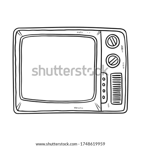 Retro TV doodle image. Cute vintage television black outline logo. Sketch lineart. Media highlights graphic vector symbol isolated on white background