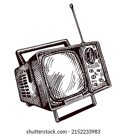 Retro TV engraved isolated on white background. Vintage television with antenna in hand drawn style. Sketch old 80s broadcasting device. Vector design for poster, print, book illustration.