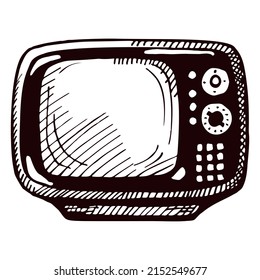 Retro TV engraved isolated on white background. Vintage television media equipment in hand drawn style. Sketch old 80s broadcasting device. Vector design for poster, print, book illustration.