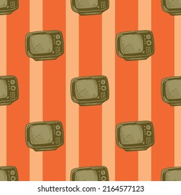 Retro TV engraved seamless pattern. Vintage television background in hand drawn style. Vector repeated texture for print, fabric, wrapping, wallpaper, tissue.