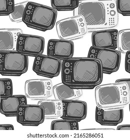 Retro TV engraved seamless pattern. Vintage television background in hand drawn style. Vector repeated texture for print, fabric, wrapping, wallpaper, tissue.