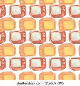 Retro TV engraved seamless pattern. Vintage television background in hand drawn style. Vector repeated texture for print, fabric, wrapping, wallpaper, tissue.