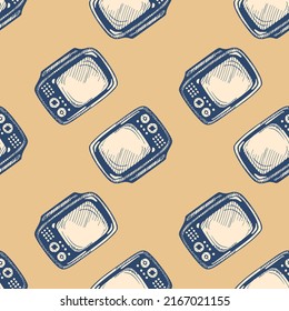 La televisión retro grabó un patrón impecable. El fondo de la televisión vintage con un estilo dibujado a mano. Textura repetida vectorial para impresión, tela, envoltura, papel pintado, tejido.