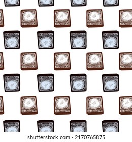 Retro TV engraved seamless pattern. Vintage television media equipment in hand drawn style. Sketch texture for fabric, wallpaper, textile, print, title, wrapping paper. Vector illustration.