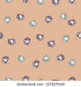 Retro TV engraved seamless pattern. Vintage television with antenna in hand drawn style. Sketch old device. Texture for fabric, wallpaper, textile, print, title, wrapping paper. Vector illustration.