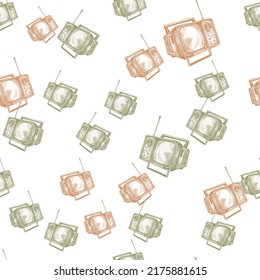Retro TV engraved seamless pattern. Vintage television with antenna in hand drawn style. Sketch old device. Texture for fabric, wallpaper, textile, print, title, wrapping paper. Vector illustration.
