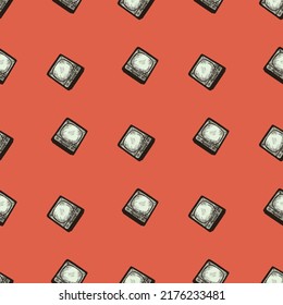 Retro TV engraved seamless pattern. Vintage television media equipment in hand drawn style. Sketch texture for fabric, wallpaper, textile, print, title, wrapping paper. Vector illustration.