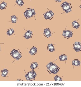 Retro TV engraved seamless pattern. Vintage television with antenna in hand drawn style. Sketch old device. Texture for fabric, wallpaper, textile, print, title, wrapping paper. Vector illustration.