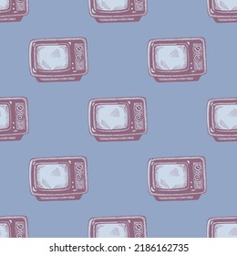 Retro TV graviert nahtloses Muster. Vintage-Fernsehgeräte im handgezeichneten Stil. Skizze-Textur für Gewebe, Tapeten, Textilien, Druck, Titel, Packpapier. Vektorgrafik.