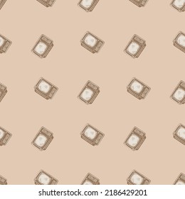 Retro TV engraved seamless pattern. Vintage television media equipment in hand drawn style. Sketch texture for fabric, wallpaper, textile, print, title, wrapping paper. Vector illustration.