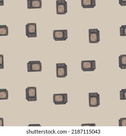 Retro TV engraved seamless pattern. Vintage television media equipment in hand drawn style. Sketch texture for fabric, wallpaper, textile, print, title, wrapping paper. Vector illustration.
