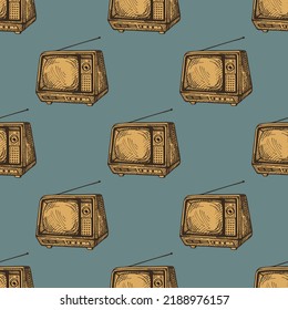 Retro TV engraved seamless pattern. Vintage television with antenna in hand drawn style. Sketch texture for fabric, wallpaper, textile, print, title, wrapping paper. Vector illustration.