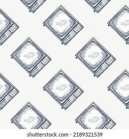 Retro TV engraved seamless pattern. Vintage television in hand drawn style. Sketch texture for fabric, wallpaper, textile, print, title, wrapping paper. Vector illustration.