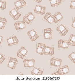 Retro TV engraved seamless pattern. Vintage television with antenna in hand drawn style. Sketch texture for fabric, wallpaper, textile, print, title, wrapping paper. Vector illustration.