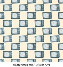 Retro TV engraved seamless pattern. Vintage television media in hand drawn style. Sketch texture for fabric, wallpaper, textile, print, title, wrapping paper. Vector illustration.