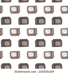 Retro TV engraved seamless pattern. Vintage television media equipment in hand drawn style. Sketch texture for fabric, wallpaper, textile, print, title, wrapping paper. Vector illustration.