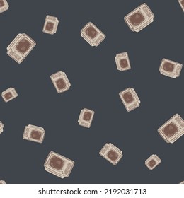 La televisión retro grabó un patrón impecable. Equipo de medios de televisión vintage con estilo dibujado a mano. Esbozar textura para tela, papel pintado, textil, impresión, título, papel envolvente. Ilustración vectorial.