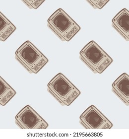 Retro TV engraved seamless pattern. Vintage television media equipment in hand drawn style. Sketch texture for fabric, wallpaper, textile, print, title, wrapping paper. Vector illustration.