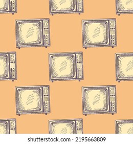 Retro TV engraved seamless pattern. Vintage television in hand drawn style. Sketch texture for fabric, wallpaper, textile, print, title, wrapping paper. Vector illustration.