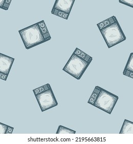 Retro TV engraved seamless pattern. Vintage television media in hand drawn style. Sketch texture for fabric, wallpaper, textile, print, title, wrapping paper. Vector illustration.