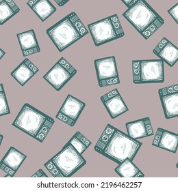 La televisión retro grabó un patrón impecable. Medios de televisión vintage con estilo dibujado a mano. Esbozar textura para tela, papel pintado, textil, impresión, título, papel envolvente. Ilustración vectorial.