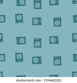 La televisión retro grabó un patrón impecable. Televisión vintage con estilo dibujado a mano. Esbozar textura para tela, papel pintado, textil, impresión, título, papel envolvente. Ilustración vectorial.