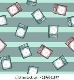 Retro TV engraved seamless pattern. Vintage television media in hand drawn style. Sketch texture for fabric, wallpaper, textile, print, title, wrapping paper. Vector illustration.