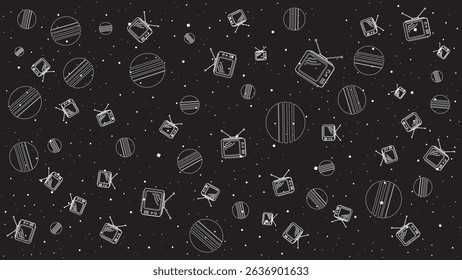 Retro TV Floating in Space with Striped Planets and Stars on Black Background Seamless Pattern