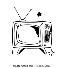 Retro TV hand-drawn line Vector illustration in the style of a doodle isolated on a white 