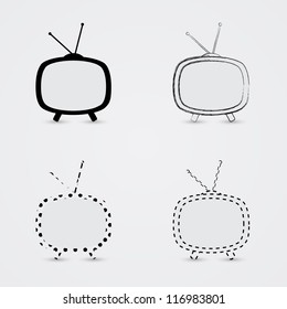 Retro TV Icon Set – Four Stylized Television Designs with Antennas in Solid, Sketched, Dotted, and Dashed Styles. A creative set of four retro television icons, each with a rounded rectangular screen and dual antennas. The designs include a solid black TV with short legs, a sketch-style outline, a dotted contour version, and a dashed outline with wavy antennas. This versatile layout is ideal for use in vintage-themed graphics, media branding, editorial compositions, and conceptual design projects. Suitable for both commercial and editorial use across print and digital platforms.