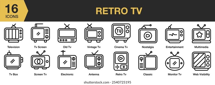 Conjunto de ícones da Tv Retro. Inclui antena, antique, cinema tv, clássico e Mais. Contornar coleção de vetores de ícones.