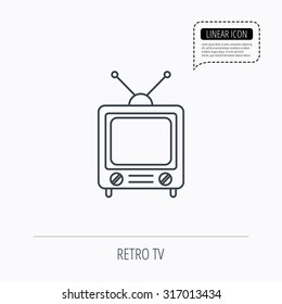 Retro tv icon. Television with antenna sign. Linear outline icon. Speech bubble of dotted line. Vector