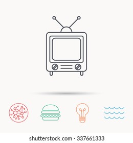 Retro tv icon. Television with antenna sign. Global connect network, ocean wave and burger icons. Lightbulb lamp symbol.