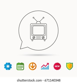 Retro tv icon. Television with antenna sign. Calendar, Graph chart and Cogwheel signs. Download and Shield web icons. Vector