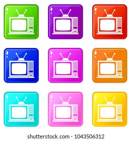 Retro TV icons of 9 color set isolated vector illustration