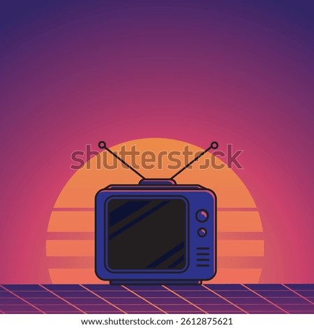 Retro TV Illustration with Sunset Background in Minimalist Vintage Style