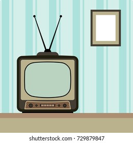 Retro TV in the Interior. Vector Illustration. Flat  Style. Retro Decorative Background, Cards, Posters, Banners, Stickers, Placards.