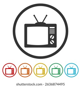 Retro TV logo design flat icon. Set icons in color circle buttons