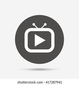 Retro TV mode sign icon. Television set symbol. Gray circle button with icon. Vector