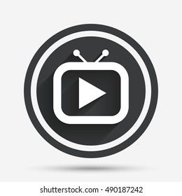 Retro TV mode sign icon. Television set symbol. Circle flat button with shadow and border. Vector