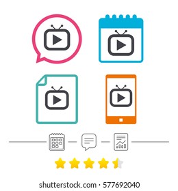Retro TV mode sign icon. Television set symbol. Calendar, chat speech bubble and report linear icons. Star vote ranking. Vector