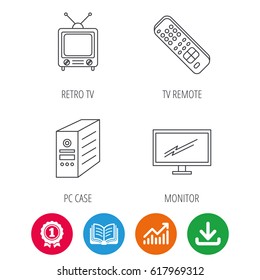 Retro TV, Monitor And Pc Case Icons. TV Remote Linear Sign. Award Medal, Growth Chart And Opened Book Web Icons. Download Arrow. Vector