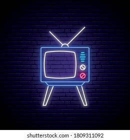 Retro TV neon sign. Glowing neon TV Show emblem isolated on dark brick wall background. Vector illustration.